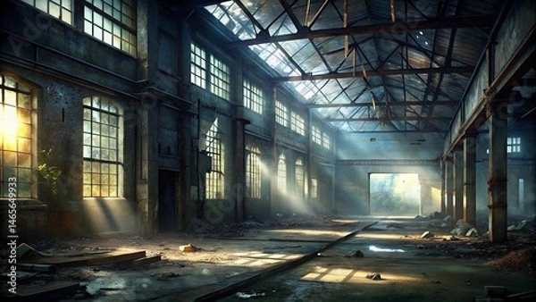 Fototapeta Abandoned industrial warehouse with natural light streaming through broken windows 