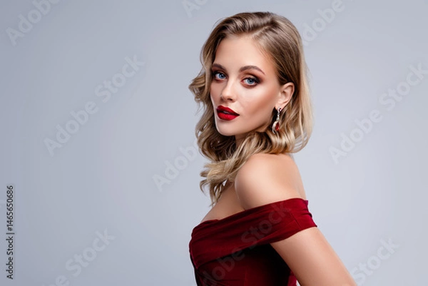 Fototapeta Gorgeous chic lady with red lips makeup looking feeling tempting and flirting on grey color background