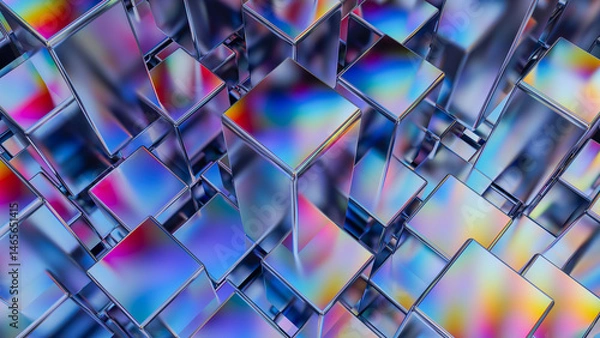 Fototapeta 3d Abstract neon box background. Holographic Iridescent futuristic background. 3d rendering illustration not AI
