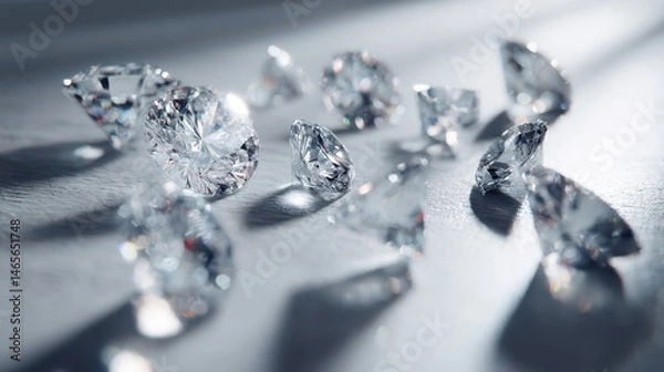 Fototapeta A close-up of various cut diamonds scattered on the table, all of which have different shapes and sizes