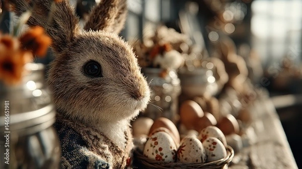 Fototapeta Close-up of a detailed brown rabbit figurine with textured fur near a basket of speckled eggs and floral arrangements in jars