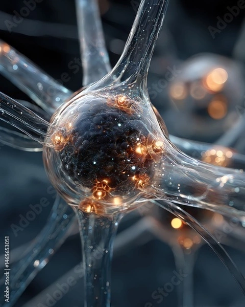 Fototapeta Close-up of a translucent neuron model with glowing orange points and branching extensions against a dark blue background