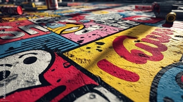 Fototapeta Close-up of Comic Book Style Textured Surface with Bold Colors and Cartoon Characters