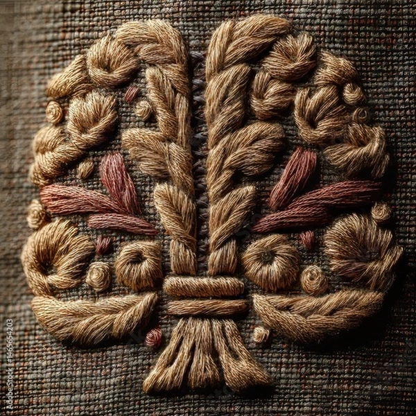 Fototapeta Close-up of detailed gold and reddish-brown embroidery with floral motif on dark textured fabric