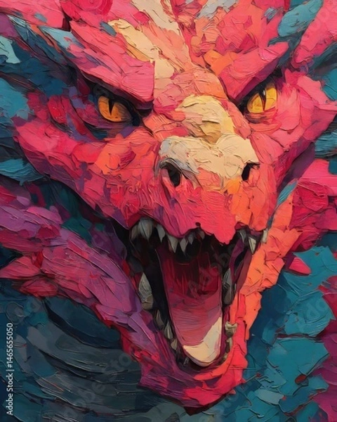 Fototapeta Close-up of painted dragon's head with red pink hues sharp teeth yellow eyes textured brushstrokes