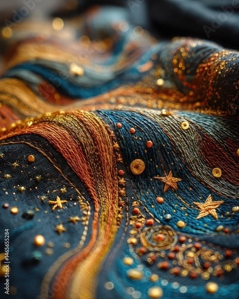 Fototapeta Close-up of richly colored embroidered fabric with intricate swirling patterns, stars, beads, and textured stitching in vibrant blues, oranges, and golds