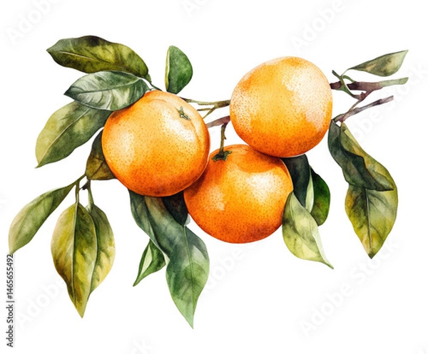 Fototapeta Fresh oranges on branch nature scene watercolor lush environment isolated on transparent background