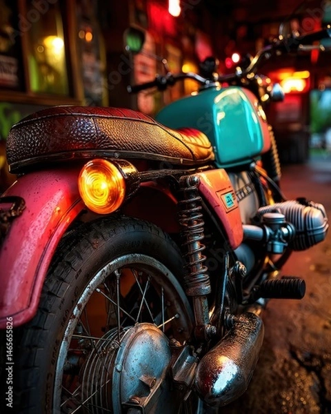 Fototapeta Close-up of vintage motorcycle rear wheel with teal and pink body, leather seat, rusty suspension, illuminated amber signal, warm interior background