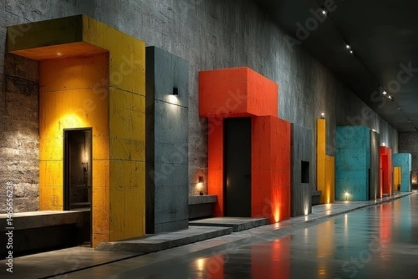 Fototapeta Colorful Cubic Architectural Corridor with Recessed Lighting and Reflective Floor