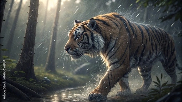 Fototapeta Close-up of a tiger walking in the rain, cinematic lighting 