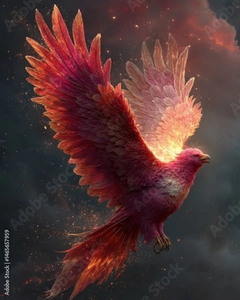 Obraz Digital Painting of a Reddish-Pink Bird in Flight with Fiery Embers and Smoky Background