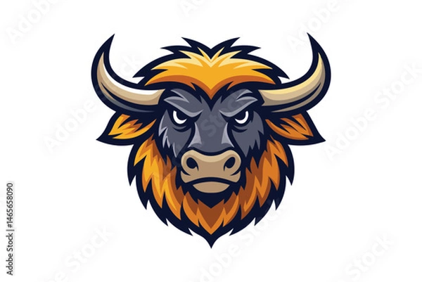 Fototapeta Cartoon illustration of a fierce bull head with golden mane and horns
