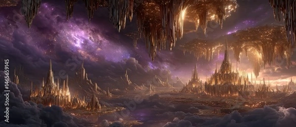 Fototapeta Futuristic Golden Cityscape Amidst Clouds and Nebula with Tall Spire Buildings and Illuminated Structures
