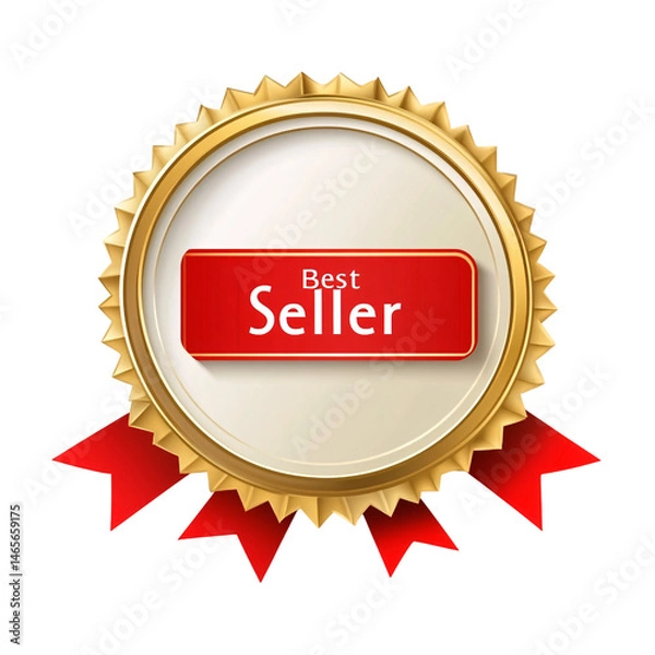 Fototapeta Golden "Best Seller" badge with red ribbon and Sunburst Design on transparent background

