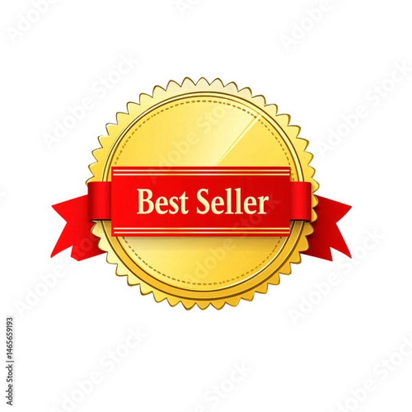 Fototapeta Golden "Best Seller" badge with red ribbon and Sunburst Design on transparent background

