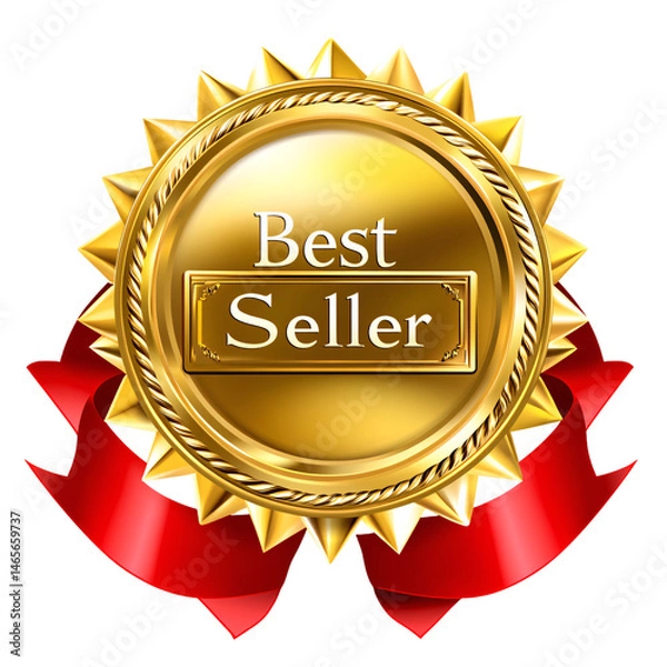 Fototapeta Golden "Best Seller" badge with red ribbon and Sunburst Design on transparent background
