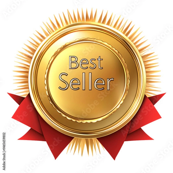 Fototapeta Golden "Best Seller" badge with red ribbon and Sunburst Design on transparent background
