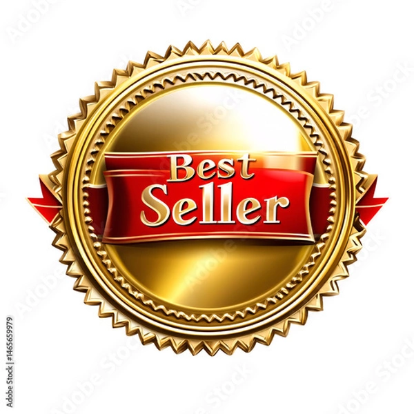 Fototapeta Golden "Best Seller" badge with red ribbon and Sunburst Design on transparent background
