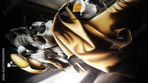 Fototapeta Close-up of a stylized gold-toned fabric artwork with skull and wing-like elements, metallic accents, and textured sheen