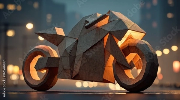 Fototapeta Low-poly wood-style motorcycle model with internal illumination on dark surface with blurred city background