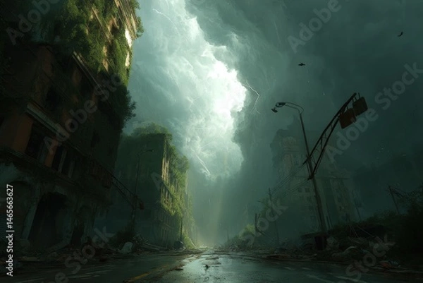 Fototapeta Overgrown Ruined Buildings on Rainy Street with Lightning Storm and Debris