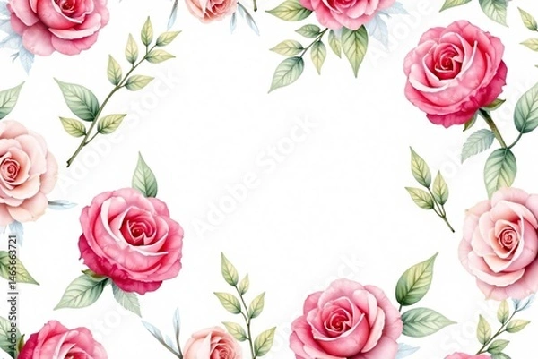 Fototapeta Delicate watercolor roses & leaves, repeating pattern , spring, seamlesspattern