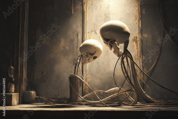 Fototapeta Skull-like Heads with Vine-Like Bodies in Dimly Lit Grunge Room with Distressed Walls and Cabling