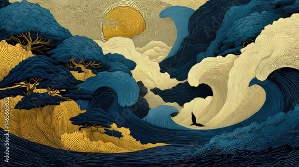 Fototapeta Stylized dark blue trees on gold hillside with textured waves, sun, and bird in woodblock print style