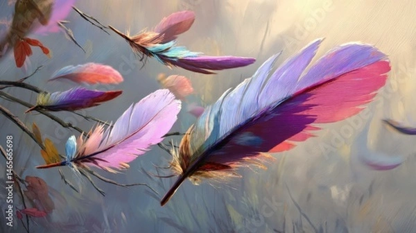 Fototapeta Stylized Feathers in Pink, Purple, and Teal Floating Amid Muted Branches and Foliage Background
