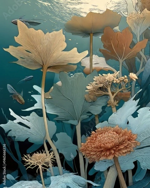 Fototapeta Stylized Underwater Scene with Large Textured Leaves Small Fish and Chrysanthemum Flower in Painterly Abstract Style
