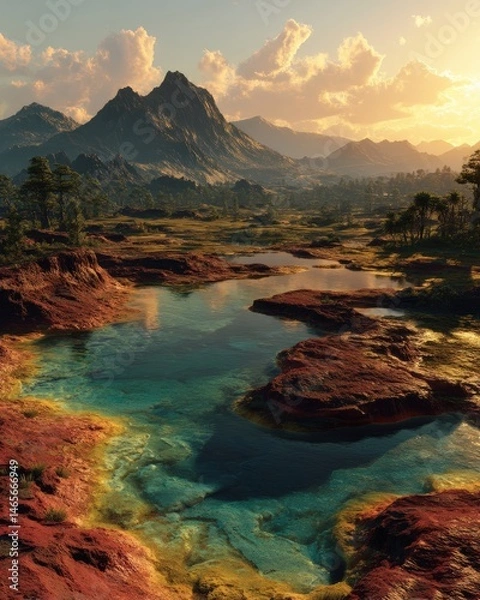 Fototapeta Turquoise-green pool with reddish-brown rocks and mountain range at sunset, tranquil landscape scene