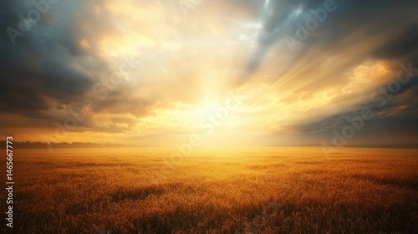 Fototapeta Dramatic sky with sun rays breaking through dark clouds over a vast field of golden wheat. Powerful and evocative natural scene