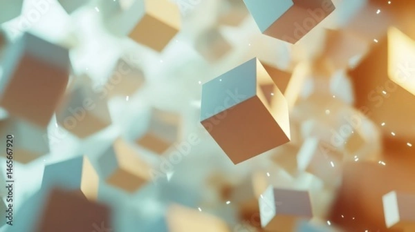 Fototapeta Abstract composition of floating light blue and gold cubes in a hazy, bright environment. Represents technology, structure, or data blocks