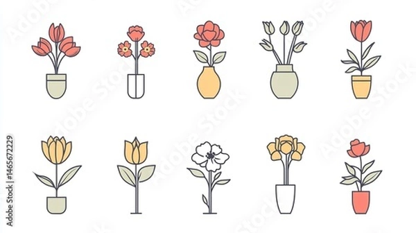 Obraz Flower in vase icons set in pastel colors on a white background, simple line art, flat design