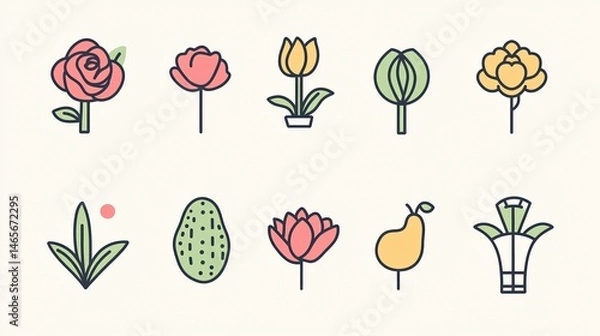 Obraz Minimal line vector icons of flowers, tulips, and fruits in pastel colors on a white background