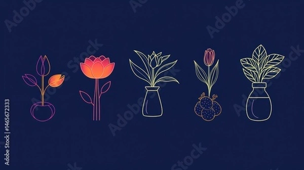 Obraz Set of vector illustrations in a line art style with minimalistic floral elements, tulips, and a vase isolated on a dark blue background