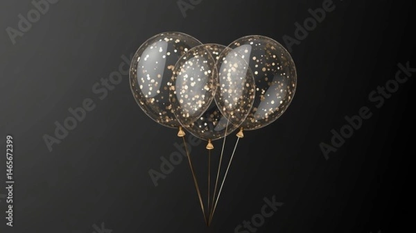 Obraz Three transparent balloons with golden confetti inside, isolated on a black background