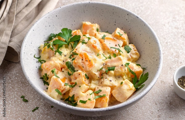 Obraz Bowl of pumpkin in sour cream sauce sprinkled with fresh parsley on beige textured stone table. Vegetarian food