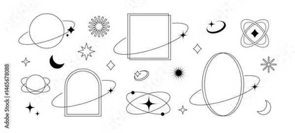 Obraz Minimalist linear elements, trendy linear frames, stars, planets in y2k style. Ideal for designs, templates, social media, stickers, and fashion prints.