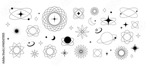 Obraz Minimalist linear elements, trendy linear elements, stars, planets, orbits. Ideal for designs, templates, social media, stickers, and fashion prints.