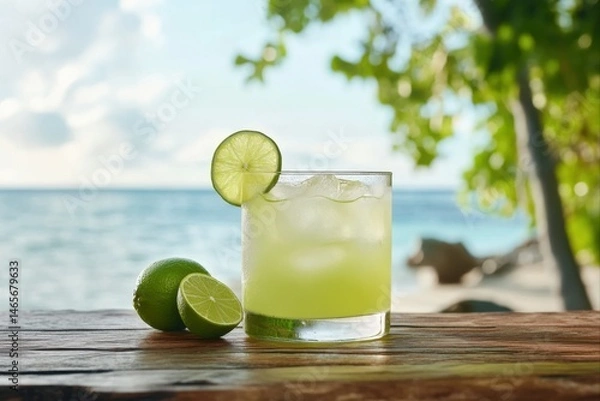 Fototapeta Refreshing lime drink with ice on a wooden table near the sea for summer, vacation, and beverage promotions