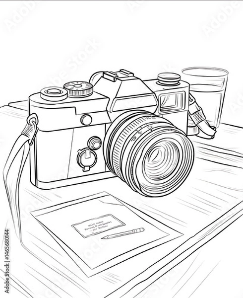 Obraz Coloring page for kids Premium VectorCartoon style 6d camera and post card on the table minimalist dramatic angle photo realistic vector illustrationblack thin lin