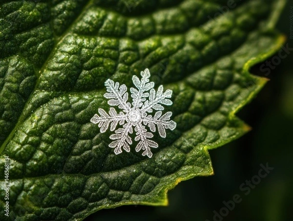 Fototapeta Intricate snowflake on a vibrant green leaf, capturing winter's delicate beauty in a macro shot.