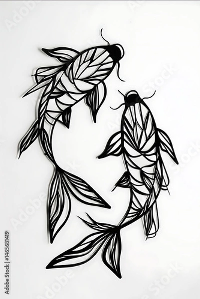 Obraz a black and white laser cut metal wall art of a geometric pair of koi fish simple and minimalist design every part of the geometric koi fish joined together on a p