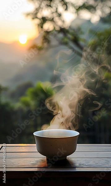 Fototapeta A steaming cup of tea sits on a wooden table outdoors, with the soft golden light of sunrise in the background and a blurred backdrop of hills.