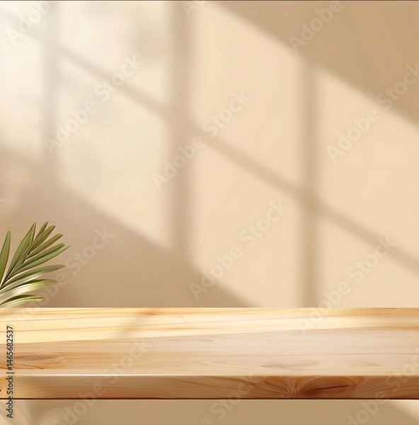 Obraz Wooden table top with blurred window shadow on beige wall background for product display presentation and showcase design concept wood banner template wood brown t