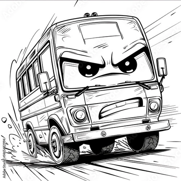 Obraz toddler coloring book of a cute detailed cartoon vector style outline side angle view Minibus with determined face racing no blackcolored fillin truck tires neat b