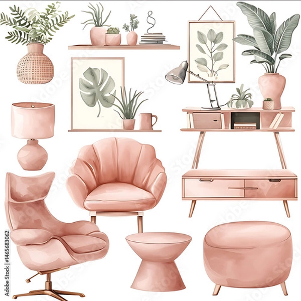 Obraz airbrush clipart boho style home decorsemi realistic neutral and dusty pink colors tables chairs lamps desk wall decor rugs vases plants books detailed fine artno
