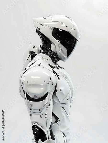 Obraz a portrait of a white cyborg racing robot dressed in a white cyberpunk futuristic racing suit the robot wears a white futuristic helmet the robot is stood in a pla