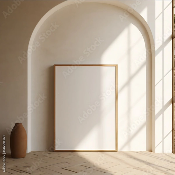Obraz blank white painting with very thin light wood frame DIN A 4 propped in an arched soffit sunlight